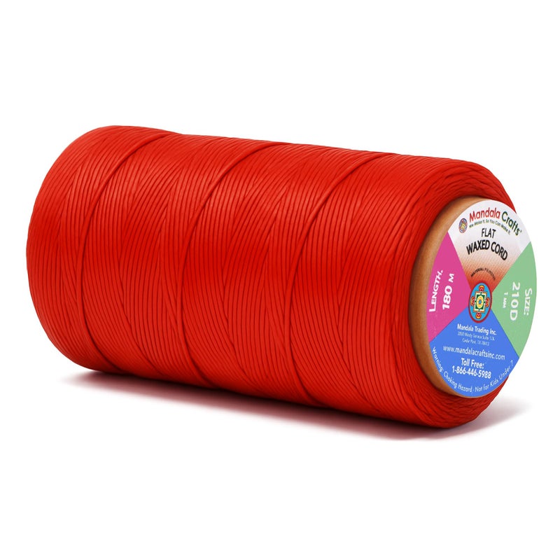 Mandala Crafts Red Flat Waxed Thread for Leather Sewing - 197 Yds 210D 1mm Polyester Leather Thread String Waxed Cord for Leatherwork, Beading, Bookbinding, Hand Stitching - Image 1